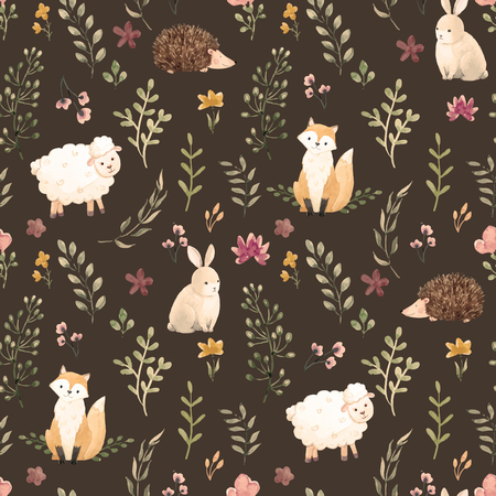 Beautiful children pattern with cute watercolor animals and flowersのイラスト素材