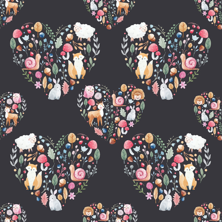 Cute pattern with nice hand drawn watercolor flowers and animals.のイラスト素材