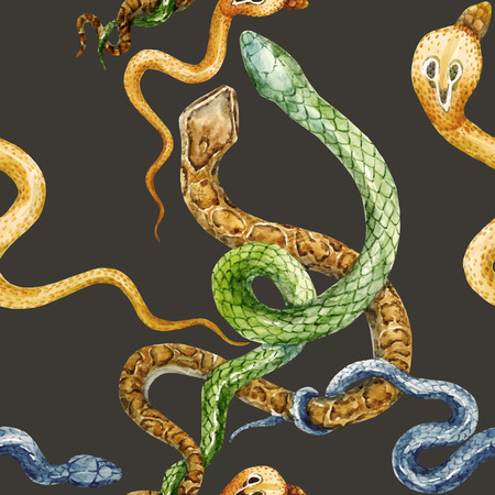Beautiful pattern with hand drawn watercolor snakes and flowers