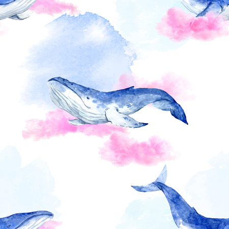 Beautiful abstract seamless pattern with watercolor whales and flowersのイラスト素材