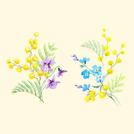 Beautiful seamless vector illustration of hand drawn watercolor mimosa flowersのイラスト素材