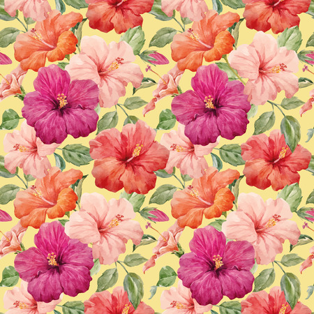 Seamless tropical vector pattern with watercolor hibiscus flowersのイラスト素材