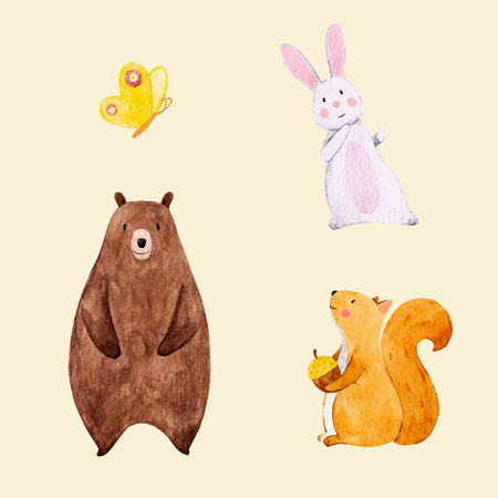Beautiful vector set with some hand drawn watercolor cute baby animals on transparent backgroundのイラスト素材