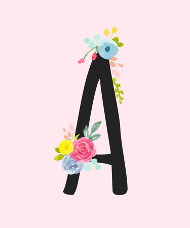 Watercolor vector capital letter A with flowers.