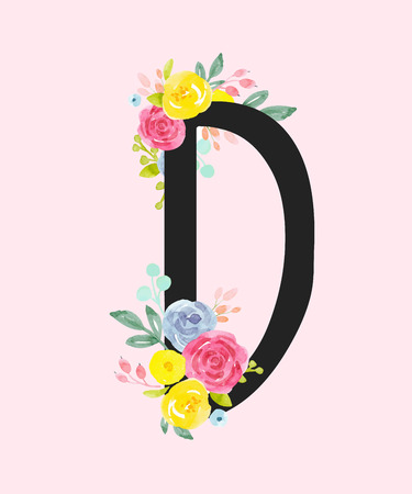 Watercolor vector capital letter D with flowers.のイラスト素材