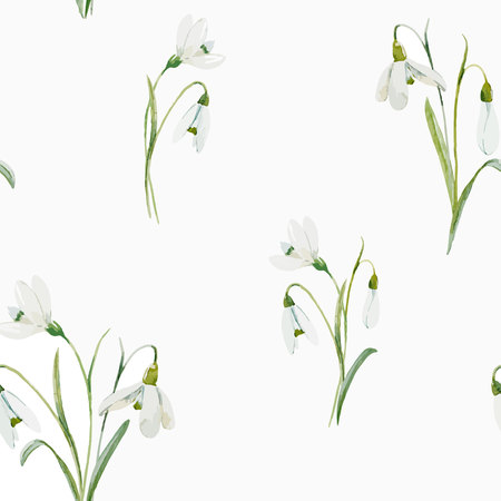 Beautiful seamless vector pattern with hand drawn watercolor snowdrop flowersのイラスト素材