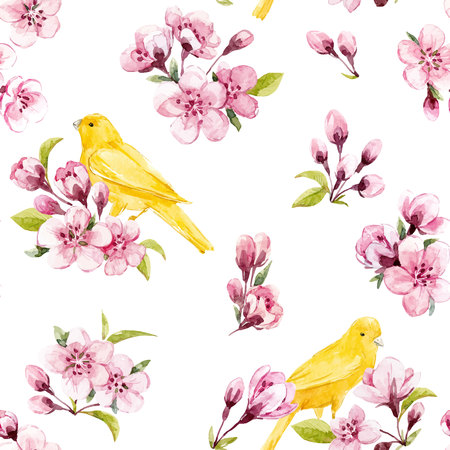 Beautiful vector seamless pattern with watercolor sakura flowers with birdsのイラスト素材