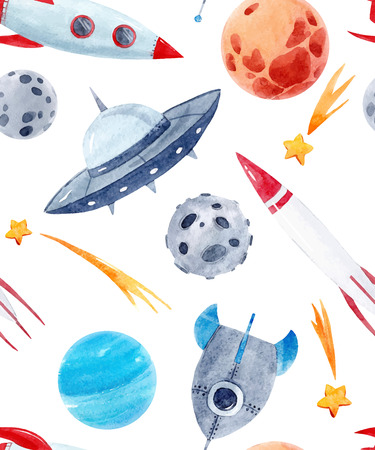 Watercolor space vector pattern with rocket, stars on white background.のイラスト素材