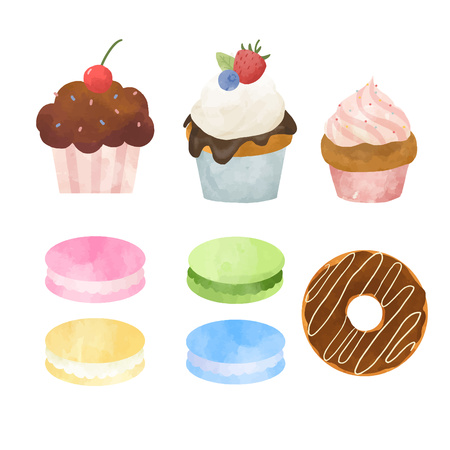 Beautiful set with hand drawn watercolor sweets capcakes