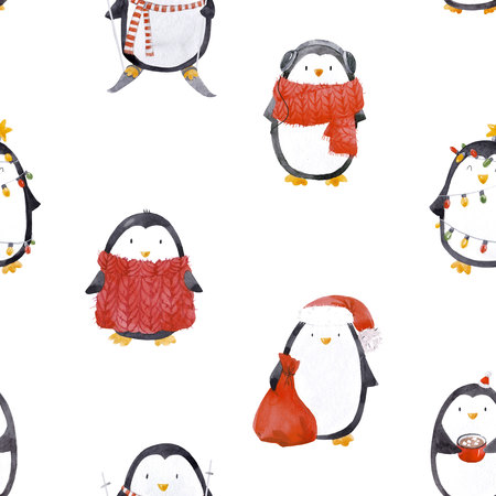 Watercolor christmas baby penguin patternの写真素材