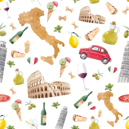 Beautiful vector italian seamless pattern with hand drawn watercolor italy elementsのイラスト素材