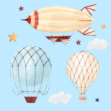 Beautiful illustration with watercolor air baloon and airship for babiesのイラスト素材