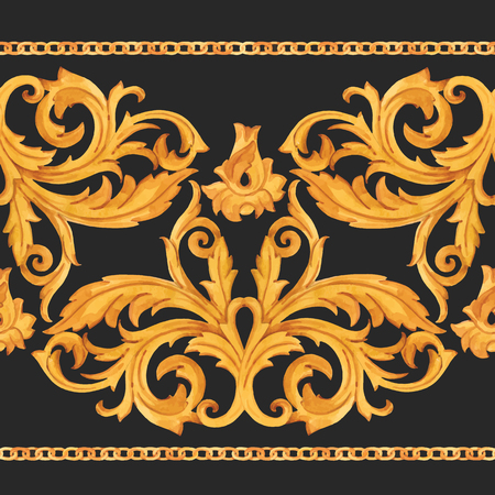 Watercolor vector golden baroque pattern rococo ornament rich luxury printのイラスト素材