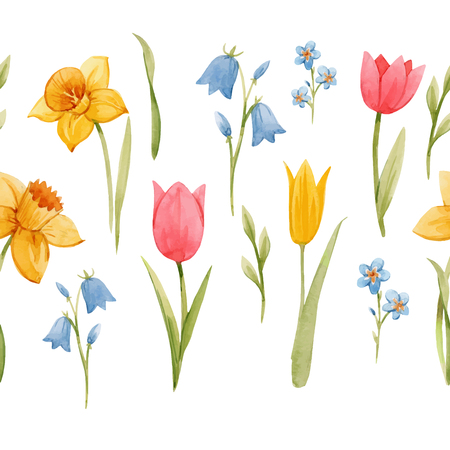 Beautiful vector seamless pattern with hand drawn watercolor spring flowersのイラスト素材