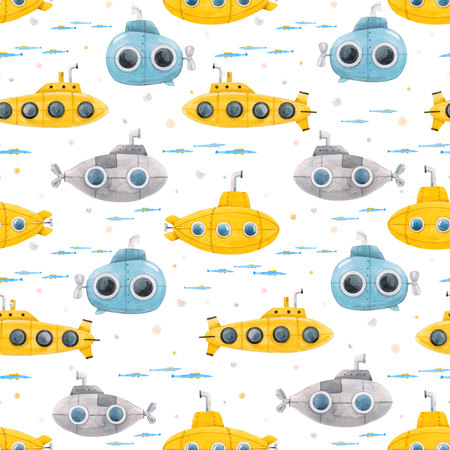 Watercolor underwater submarine patternの写真素材