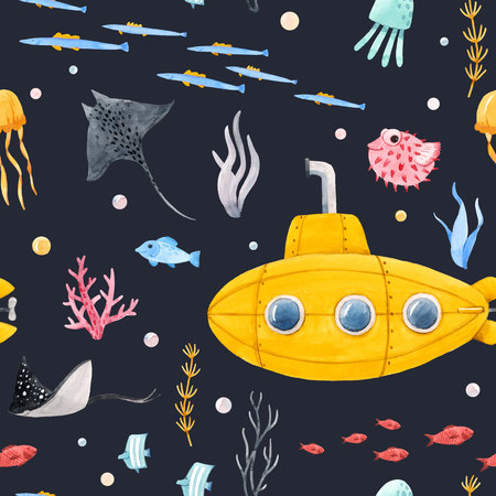 Watercolor underwater submarine patternの写真素材