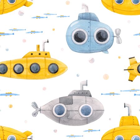 Watercolor underwater submarine patternの写真素材