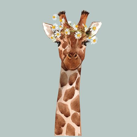 Beautiful watercolor hand drawn giraffe head vector portraitのイラスト素材