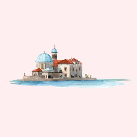 Beautiful vector watercolor mediterranean montenegro town buildings illustrationのイラスト素材