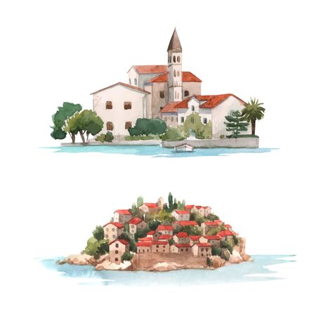 Beautiful vector watercolor mediterranean montenegro town buildings illustrationのイラスト素材