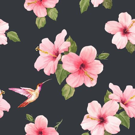 Beautiful vector watercolor seamless pattern with tropical hibiscus flowerのイラスト素材