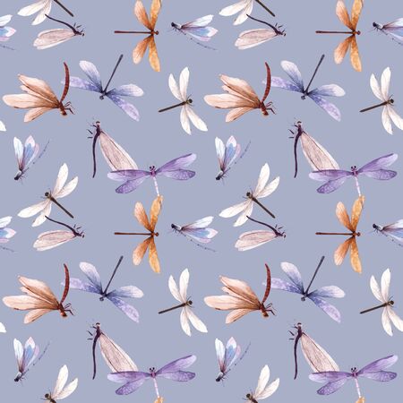 Watercolor vector summer dragonfly insect colourful seamless patternのイラスト素材