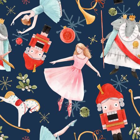 Watercolor christmas nutcracker fairy tale ballet seamless patternの写真素材