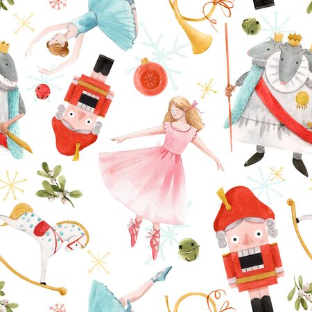 Watercolor christmas nutcracker fairy tale ballet seamless pattern
