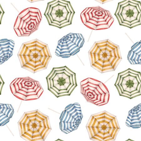 Beautiful watercolor seamless pattern with beach sun umbrellas. Ready summer print for swimwear fabric.の写真素材