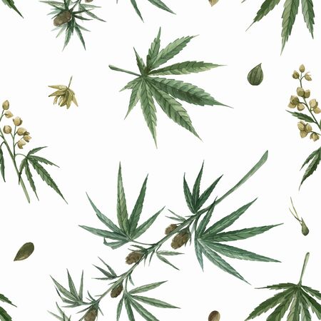 Beautiful vector watercolor medical marijuana seamless pattern. Natural therapeutic drug.のイラスト素材