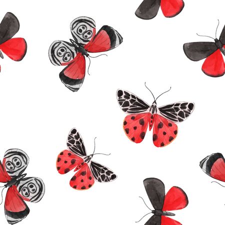 Beautiful vector watercolor red butterfly seamless pattern. Colorful insects. Hand drawn artwork. Ready wallpaper or print. White background. Beauty of nature.のイラスト素材