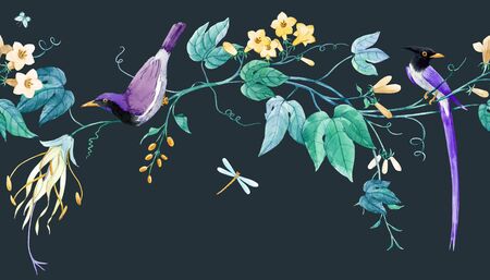 Watercolor floral horizontal pattern with blue birds of paradise and pink delicate flowers. Black background. Stock illustration.の写真素材