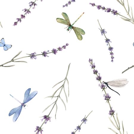 Watercolor vector seamless pattern with colorful dragonflies and lavanda flowers. Stock hand drawn illustration. White background.のイラスト素材