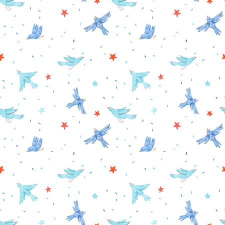 Beautiful vector seamless pattern with cute hand drawn blue birds and red stars. Baby stock illustration.のイラスト素材