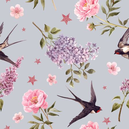 Beautiful vector gentle spring seamless floral pattern with watercolor anemone, lilac, peony flowers and swallow birds. Stock illustration.のイラスト素材