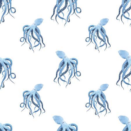 Beautiful seamless underwater pattern with watercolor octopus. Stock illustration.の写真素材