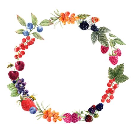 Beautiful wreath with watercolor hand drawn berry paintings.の写真素材