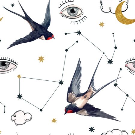 Beautiful seamless pattern with watercolor birds, moons and eyes. Stock illustration.の写真素材
