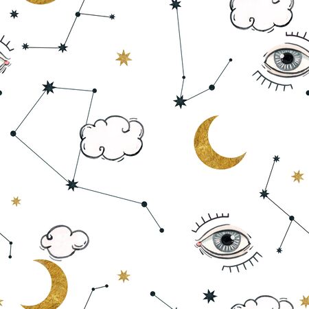Beautiful seamless pattern with watercolor eyes. Stock illustration.の写真素材