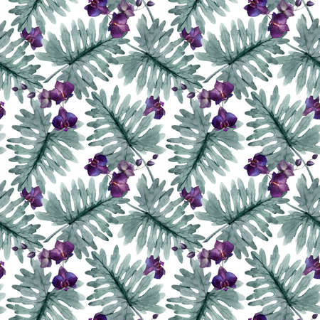 Beautiful seamless pattern with watercolor tropical leaves and orchid flowers. Stock illustrationの写真素材