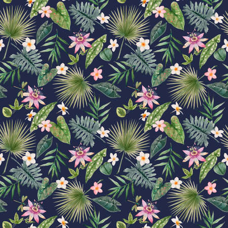 Beautiful seamless pattern with watercolor tropical leaves and flowers. Stock illustrationの写真素材
