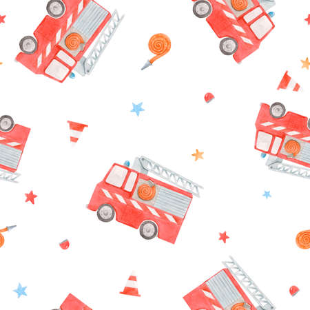 Beautiful seamless pattern with cute watercolor toy fire engine. Stock illustration.の写真素材