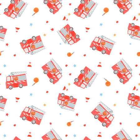 Beautiful vector seamless pattern with cute watercolor toy fire engine. Stock illustration.