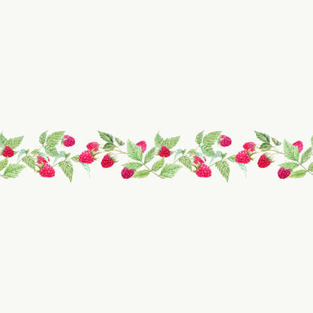 Beautiful vector seamless horizontal pattern with watercolor raspberry and leaves. Stock illustration.のイラスト素材