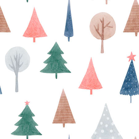 Beautiful seamless pattern with cute abstract watercolor forest trees. Stock illustration.