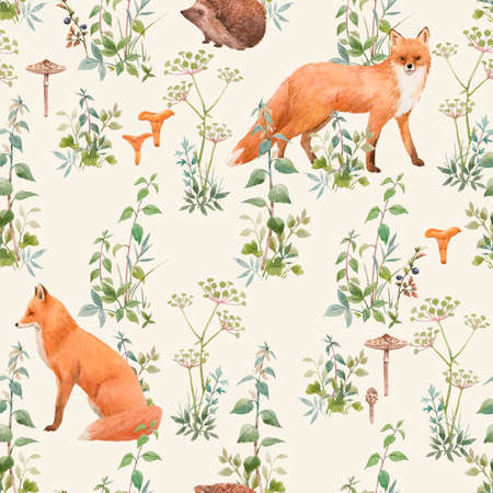 Beautiful seamless floral pattern with watercolor forest plants and animals. Stock illustration.の写真素材