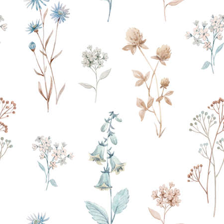 Beautiful seamless floral pattern with watercolor autumn fall flowers. Stock illustration.