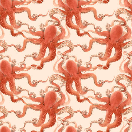 Beautiful seamless underwater pattern with watercolor red octopus.の写真素材