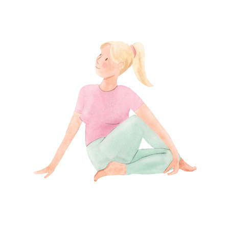 Beautiful stock illustration with watercolor cute yoga girl.の写真素材