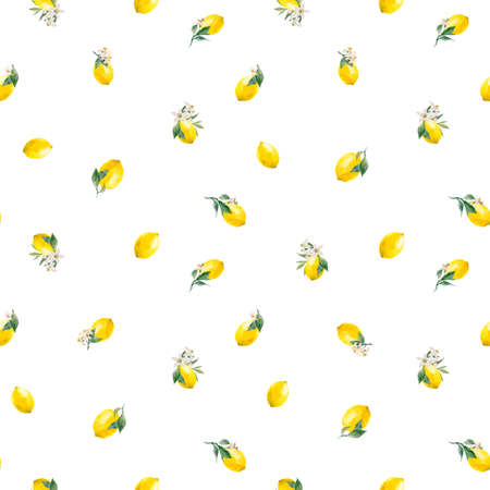 Beautiful vector seamless pattern with watercolor yellow lemon fruits, leaves and flowers. Stock...